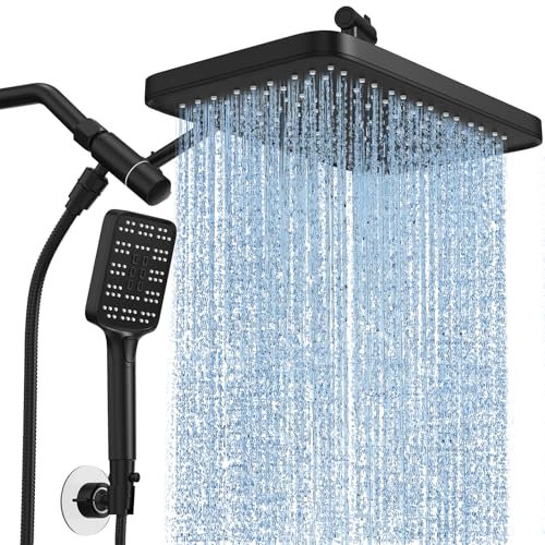 Rain Shower Head with Handheld Spray Combo Set, Adjustable 12 Rainfall Dual Shower Head, Double&Tandem Shower Head, Waterfall Showerhead Bathroom -Matte Black