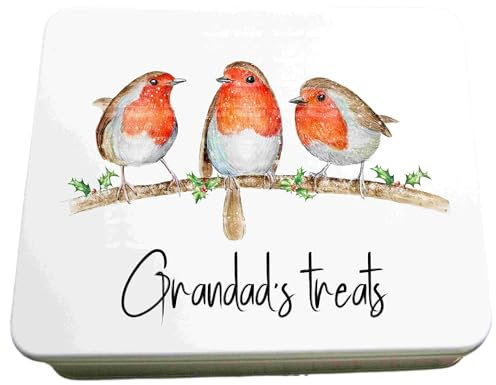Personalised 3 robin themed designed biscuit tin. Personalise with a meanigful name or phrase White tin with robin design, metal on the inside. 27cmx21cmx7cm