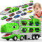 maysida Dino Transporter Truck con 6 coches para niños de 3, 4, 5, 6 y 7 años, camión de transporte de dinosaurios, coche de juguete, plegable, portátil, con pista de carreras de dinosaurios de 170 cm
