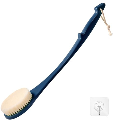 Brosse de Douche pour le Dos, Brosse de Bain de 17 Pouces pour Hommes et Femmes, Brosse Exfoliante à Long Manche, Rigidité Moyenne des Poils pour un Brossage à Sec ou Mouillé (Bleu Foncé)