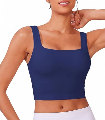 PINSPARK Sportbehå för kvinnor utan bygel avtagbar vadderad sport bustier andas U-rygg yoga bh crop toppar löpning jogging fitness sport bh topp, Marinblå, M
