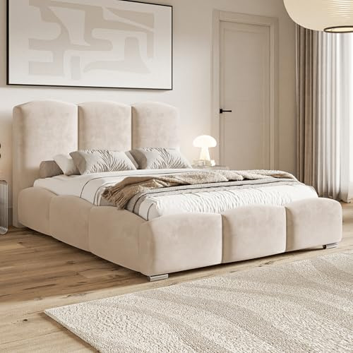 MOTIVENA Hilton Bubble Bett 160x200 Beige Samt, mit Stauraum, mit Kopfteil, mit Lattenrost, mit Füßen, mit Matratze H2/H3, Bubble Polsterbett 160x200 mit Bettkasten Beige (Creme)