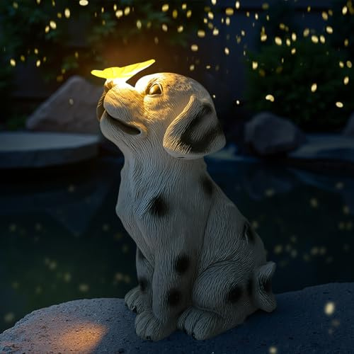 Tel Charme * Solar Butterfly Dog Statue Outdoor Decor - Waterproof Solar-Powered Figurine with Butterfly & Flower Lights for Garden, Patio, Balcony, Yard - Unique Gift for Dog Lovers, Women, Men, Mum