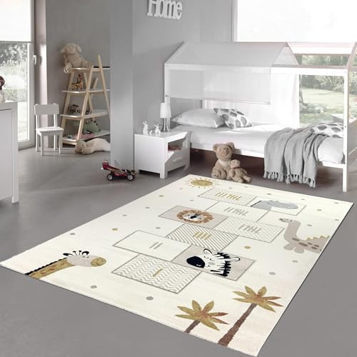 Teppich-Traum Teppich Spielzimmerteppich Kinderzimmer Spielecke Allergiker geeignet leichte Pflege Hüpfspiel mit Tieren Creme, 160 x 230 cm