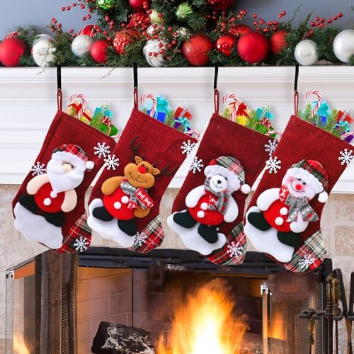 Extraible Nikolausstrumpf, 4er Set Sackleinen Weihnachtsstrumpf, Nikolausstiefel zum Befüllen und Aufhängen, Nikolaussocke Personalisiert für Kamin, Weihnachtsbaum, Wand, Treppe Weihnachtsdeko