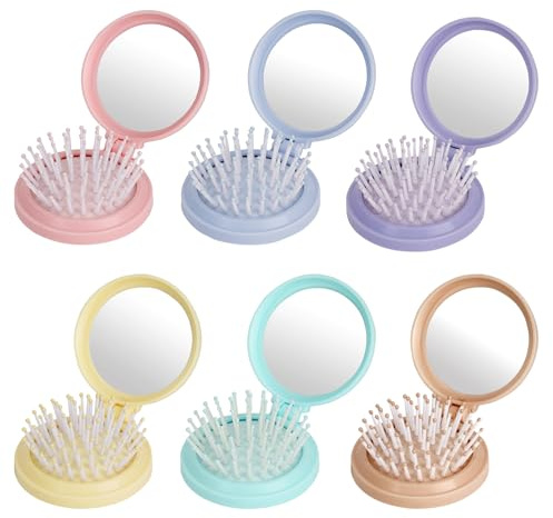 LIUCONGBD 6 Stück Faltbare Haarbürsten mit Spiegel, Runde Mini Haarkämme, Tragbare Klappbürste für Damen & Herren, Reisegröße Haarmassagekamm (Rosa + Blau + Violett + Gelb + Grün + Braun)