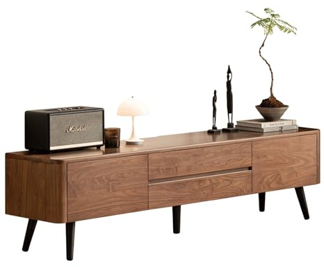YESWOOD Meuble TV 180 cm en Noyer Massif, 2 Tiroirs & 2 Étagère Design Moderne au Milieu du Siècle, 180 x 39,6 x 46 cm, Noyer Naturel