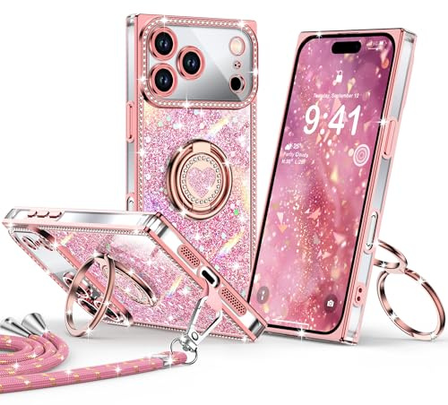 XYZ Luxus Glitzer Hülle für iPhone 17 Pro Max mit Band & Herz Ringhalter – Bling Strass Diamant Handyhülle mit Ständer – Stoßfeste Schutzhülle für Damen & Mädchen, Rosa