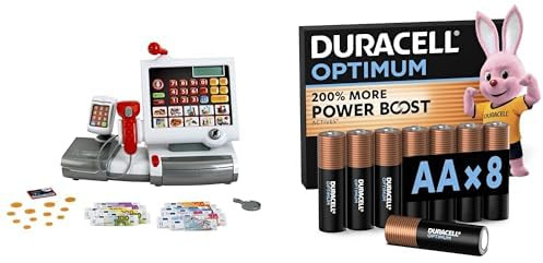Theo Klein Kassenstation, Folientastatur/Rechner/Scanner, 3+ Jahre, & Duracell Optimum AA 8 Stück, Power Boost