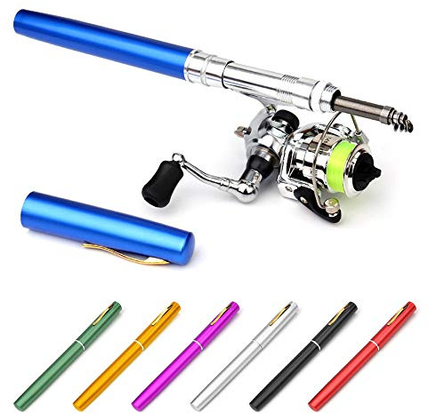 Aumotop Kompakt Ficka Hopfällbar fiskespö Rulle Combo Mini Pen Fishing Pole Kit Teleskopisk Lätt Fiskerulle Spö Kit för On-the-Go Sportfiskare Aluminiumlegering & Stålfiber Blå/Röd 1M (1M)