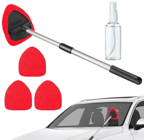 5 Pcs Car Windscreen Cleaner Tool with Spray Bottle and 3 Reusable Microfiber Pads, Extendable & Telescopic Handle Car Windshield Cleaning Brush, Defogger for Inside Glass Wiper, Bathroom