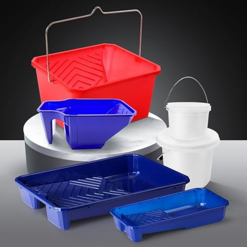 Besttoolifes Juego de bandejas de pintura ergonómicas con paredes altas y enrollables, bandeja de pintura de plástico de 3 piezas con asa para mejoras del hogar y proyectos de bricolaje (azul)