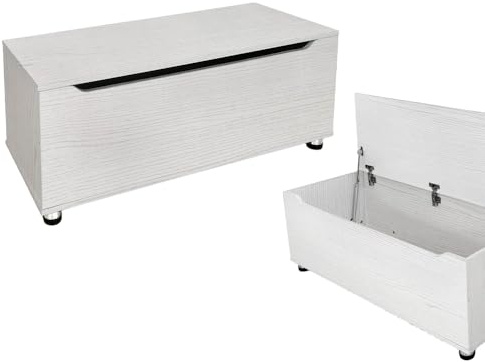 MA MAISON Cassapanca Contenitore Rettangolare in Legno Bianco - Portaogetti, da Ingresso, Poggiapiedi, Salvaspazio, Camera da letto, Soggiorno, Design Moderno, con Venature - 100X40X35h CM