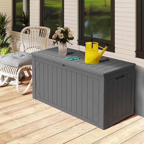 FEFLO Large Outdoor Storage Box 100 Gallon - Lockable Waterproof Deck Storage with Hydraulic Lid, IP65 Weatherproof Resin Chest for Patio Furniture, Garden Tools & Pool Supplies Organization (Gray)