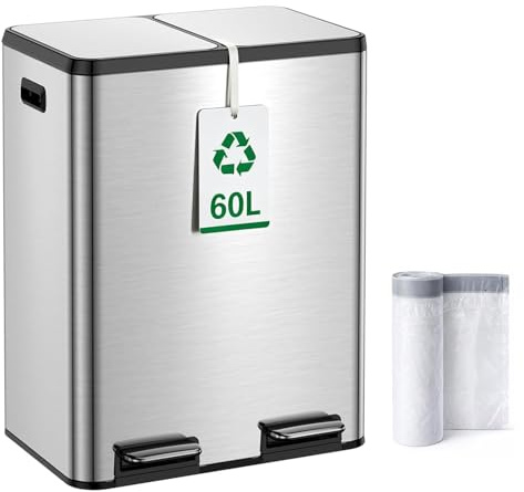 Kitchen Bin,60L Dual Rubbish Bin,2 x 30L Stainless Steel Pedal Bin,Double Bin Recycling with Soft-Close Lids and Plastic Inner Buckets,Fingerprint Proof,Odour Seal,Large Capacity, Metal Silver