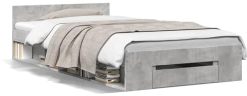 Mhdvray Bettrahmen mit Bettschublade Modernes Einzelbett 90 x 200 cm in Betongrau Holzwerkstoff Robustes Bettgestell für Jugendzimmer Gästezimmer und kleine Schlafzimmer