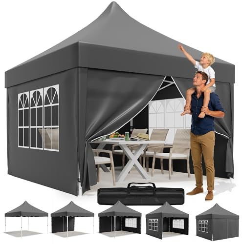 JUMMICO Faltpavillon 3x3 mit Hoher Spitze, um 60% Verbesserte Regenschutzleistung. UV 50+, Pavillon 3x3 Wasserdicht Stabil Winterfest, Shelter mit seitenwänden, für Garten und Camping, Dunkelgrau