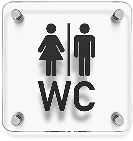Türschilder24 WC Toiletten Wandschild/Türschild • WC + Toilettenpiktogramm • 150 x 150mm. Schild besteht aus hochtransparentem 3mm Acrylglas. Inkl. 4 x Abstandshalter aus V2A Edelstahl