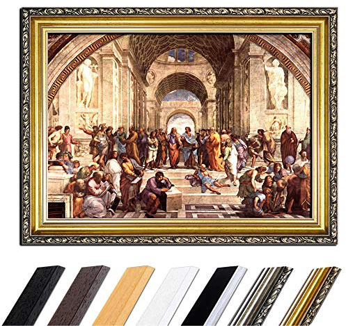 Bilderdepot24 Bild mit Rahmen - Raffael Die Schule von Athen 50x40 cm - Gerahmtes Leinwandbild Alte Meister - Antiker Rahmen Gold Barock, Klassisch