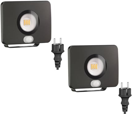 ledscom.de 2 st LED-trädgårdsstrålkastare WEGA för utomhusbruk, IP44, rörelsedetektor, stickkontakt, svart, 11,4 W, 944 lm, varmvitt