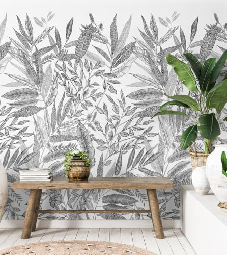 Panneau mural blanc et noir feuilles dimensions L1,59 x H2,80 répétitif Jungle Fever Mural A