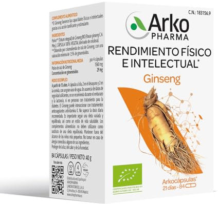 Arkopharma Arkocápsulas Ginseng BIO 84 Cápsulas, Ayuda a Reducir el Cansancio y la Fatiga, Mantener los Niveles de Energía, Estimula la memoria y Rendimiento Físico, Vegano, Complemento Alimenticio