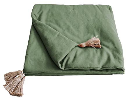 Enjoy Home – Edredon Décoratif - Couverture Vert Kaki Clair avec 4 Pompons Jute – 90x190cm - 100% Coton – Certifié Oeko-TEX – Collection Panama