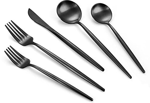 VANVRO Ensemble de couverts en acier inoxydable noir mat, 40 pièces pour 8 personnes, ensemble d'ustensiles de table avec finition satinée, ensemble de couteaux, fourchettes, cuillères pour la maison
