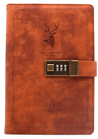 WANLIAN Tagebuch mit Schloss und Zahlenschloss, Retro-PU-Leder, 200 Seiten, 220 x 140 mm, Braun