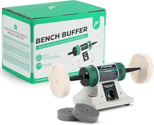 Flyrivergo Jewelry Polisher, Bench Buffer Polisher, Adjustable Variable Speed Polishing & Buffing Machine, with 2 Cotton Wheels and 2 Abrasive Fiber Wheels for Jewelry, Wood, Silver, Metal, Jade 110V