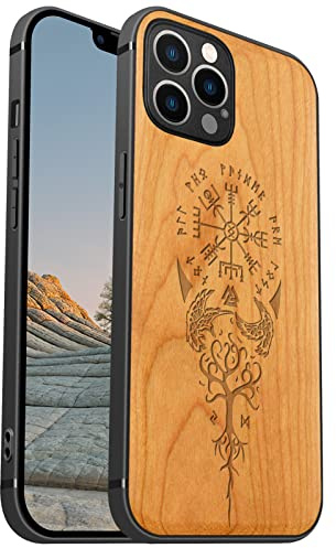 Carveit Étui en Bois pour iPhone 12 Pro Max, (Cerise-Viking Compas)