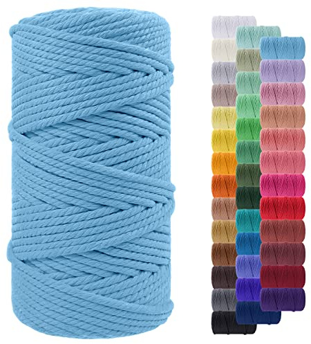 LEREATI Cuerda Macrame 5mm x 100m, Hilo Macrame Cuerda de Algodon Natural Gruesa, Cuerda Manualidades Colores para Colgar Fotos, Colgador de Planta Tejido, Colgante de Pared Macrame (Cielo Azul)