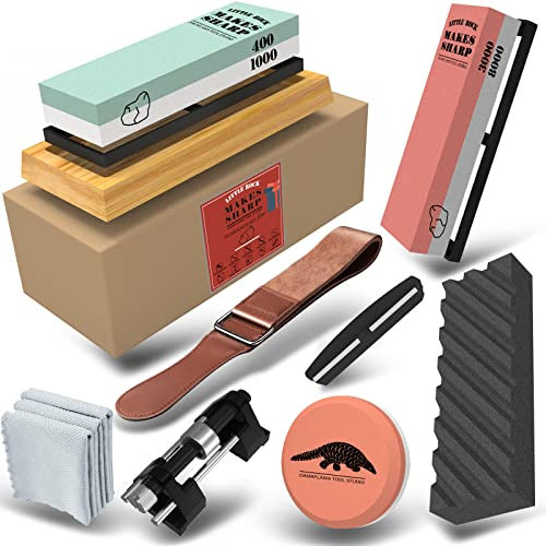Piedra Afilar Cuchillos, 4 Lados Grano 400/1000 3000/8000 Con Base Antideslizante Guía Angular De Piedra Aplanadora Correa de Cuero Guía de Bruñido (13 Piezas)