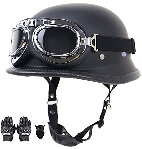 Beyswage Motorrad Helm, Vintage Style Jet-Helmhalbhelm mit Schutzbrille, DOT/ECE Zertifiziert, Antikollisions-Schutzhelm, Rollerhelm für Erwachsene Damen Herren, für Bike Scooter (55~64CM), Schwarz