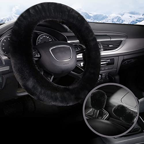 Lenkradbezug Plüsch - 3 Stück Universal Auto Lenkradhülle, Anti Rutsch Warme Lenkrad Abdeckung, Handbremse Getriebe Abdeckung Set Plüsch Lenkradabdeckung Winter, Lenkradschoner Auto Zubehör, 35-39cm