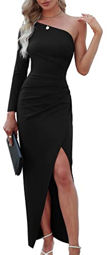 Sarin Mathews Womens One Shoulder Long Sleeve Cocktail Dresses Sexy Bodycon Ruched Wrap Split Party Formal Long Dress Black L