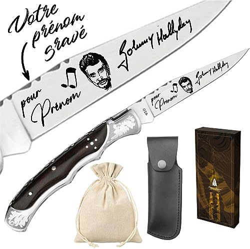 Gravure Events - Couteau Laguiole Bougna Gravé avec Votre Prénom - Cadeau Personnalisé Johnny Hallyday - Manche en Bois - Lame Acier Inoxydable