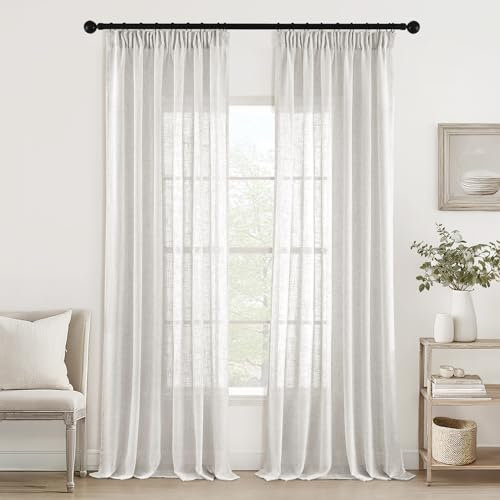 MIULEE Gardinen Vorhänge schlaufenschal Voile Vorhang Modern Leinenoptik Halbtransparent für Wohnzimmer Schlafzimmer Schiebevorhang 2er Set Stores Linen Weiß 215x140 cm