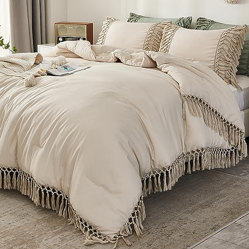 Andency Juego de edredón tamaño King, color beige, 3 piezas, bohemio, borlas, ligero, suave, para verano, para cama King, juego de cama de flecos esponjosos para todas las estaciones (edredón de 104 x