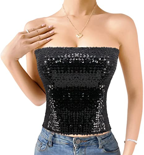 Naimo Damen Glitzer Pailletten Crop Top Ärmellos Schulterfreies Top Sexy Trägerlos Tube Top Bandeau Bustier Rave Oberteil