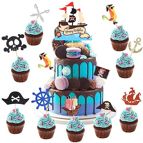 Encuryna Juego de 31 adornos para tartas de Halloween, diseño de pirata, decoración de cupcakes para niños, niñas, cumpleaños, fiestas, magdalenas, decoración