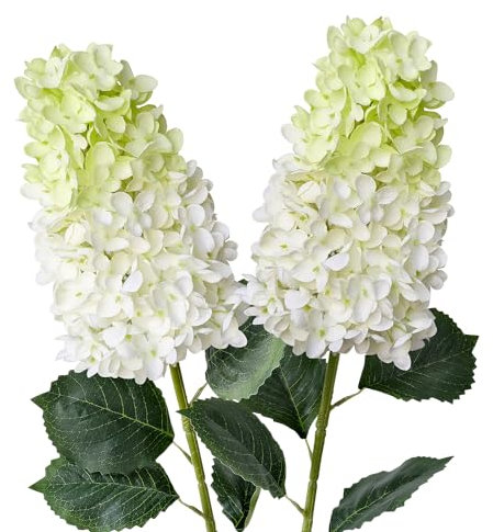 JINWOE White/Light Green Silk Hydrangea Artificial Flowers,2Pcs 31.5 Large Lifelike Flowers Faux Panicled Hydrangea,Long Stems Artificial Hydrangeas for Tall Vase Centerpieces Tables Bouquets Home
