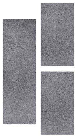 Carpetsale24 Bettumrandung Schlafzimmer 3teilig Shaggy Hochflor Teppich Grau Bettvorleger Schlafzimmer Bettset: 2 St. 80x250 cm | 1 St. 100x200 cm - Flauschiger Teppich Läufer Set Einfarbig Design
