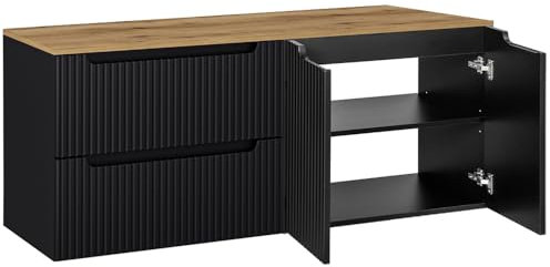 Lomadox Badmöbel Waschtisch-Unterschrank Set 160 cm schwarz gerillt Eiche Waschbeckenschrank 2 Türen + 2 Auszüge, B/H/T ca. 160,4/59,5/40 cm
