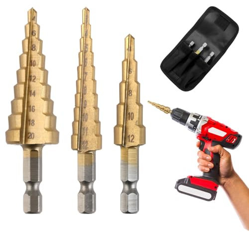 3PCS Step Drill Bit Set Titanium Steel Coated Cone Cutter Drill Bit Set High Speed Hole Cutter Power Tools Hex Shank for Wood Stainless Steel Sheet Metal Diy Plastic(3-12MM, 4-12MM and 4-20MM)