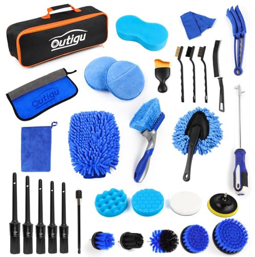 Outigu Set di 31 Pezzi per Pulizia Auto, Set di Spazzole per Dettagli Auto, Spazzola per Trapano, Set per Lavaggio Auto, Spazzola per Ruote Auto, Spazzola per Rimozione Polvere per Interno ed Esterno