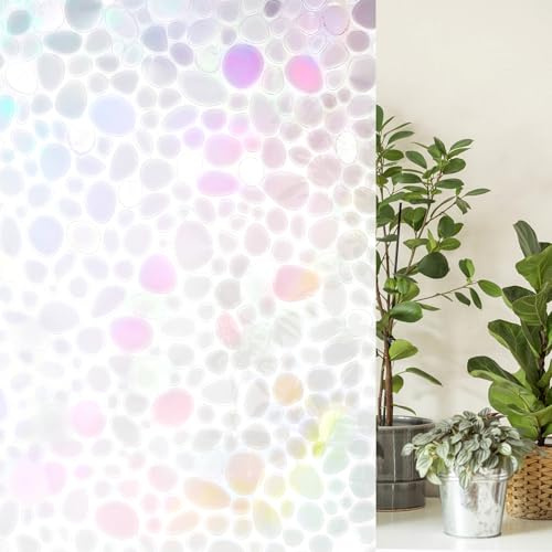 QWORK® 3D Fensterfolie Selbstklebend Sichtschutzfolie, 3D Kreise Muster, Regenbogeneffekt, 90 x 200 cm, Anti-UV für Büros, Heimbalkone