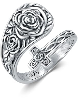 YFN Rose Flower Spoon Ring 925 Sterling Silver Vintage Rose Spoon Ring Jewellery Gift for Men Women