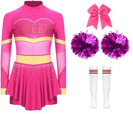 Miutii 4er Set Mädchen Cheer Leader Kostüm Cheerleading Uniform Langarm Kleid mit Pompoms Socken Haarband Halloween Karneval Faschingskostüm A Dunkel Rosa&Weiß 110-116
