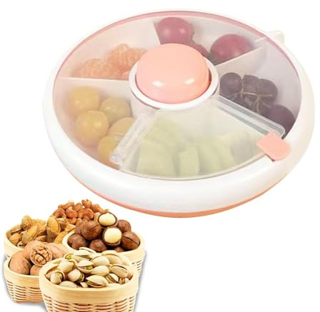Snack-Behälterbox – Drehbarer auslaufsicherer Snack-Spinner | -Snack-Organizer mit Deckel, 5-Fächer-Spender, staubdichte Lebensmittelbox für Kinder, tragbares Trockenobst-Tablett für Snacks